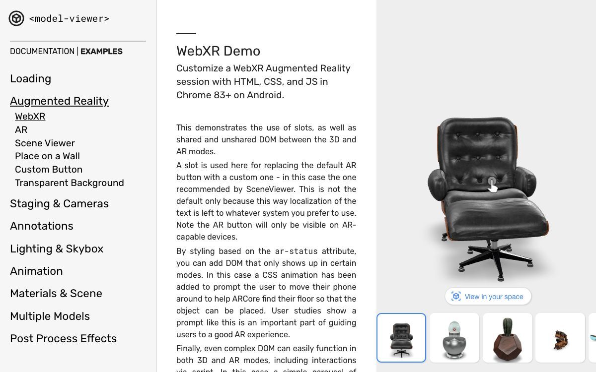 Screenshot of model-viewer Augmented Reality examples